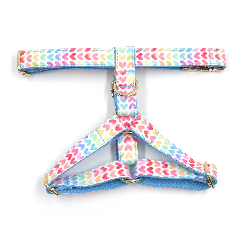 Pettns | Blue Dog Harness with Colorful Heart Pattern and Gold-Tone Buckle for Daily Walks