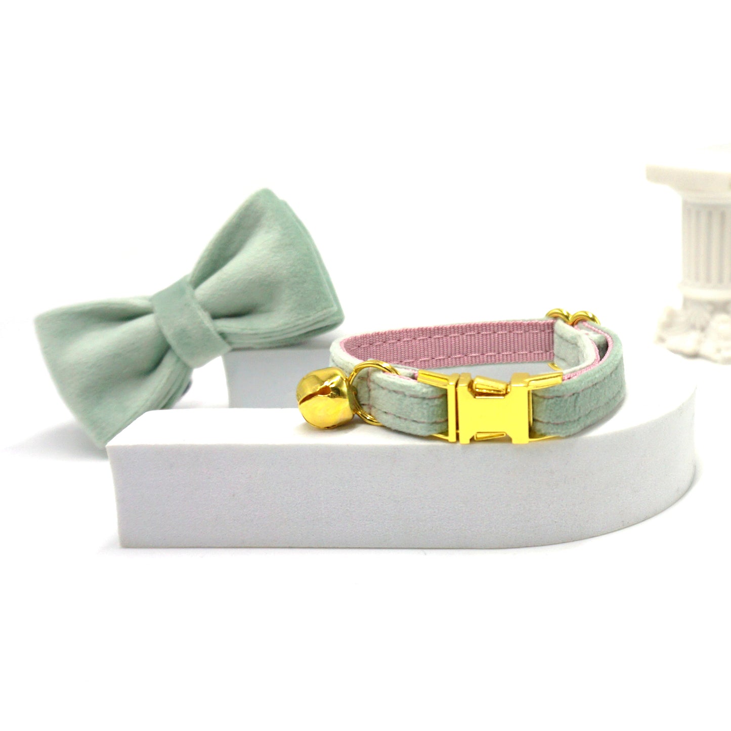 Pettns | Mint Pink Velvet Cat Collar with Bell and Optional Laser Engraving