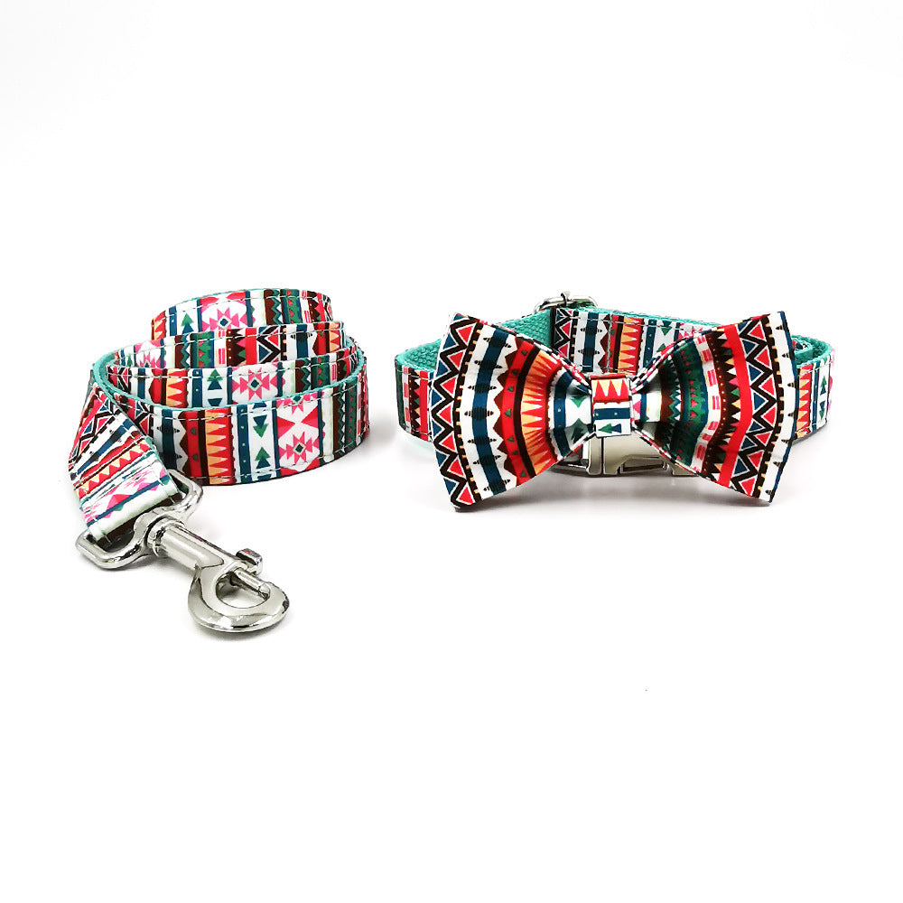 Factory Direct Sales Cross-Border Pet Dog Collar Ethnic Style Printed Cotton Pet Leash Dog Bow Set