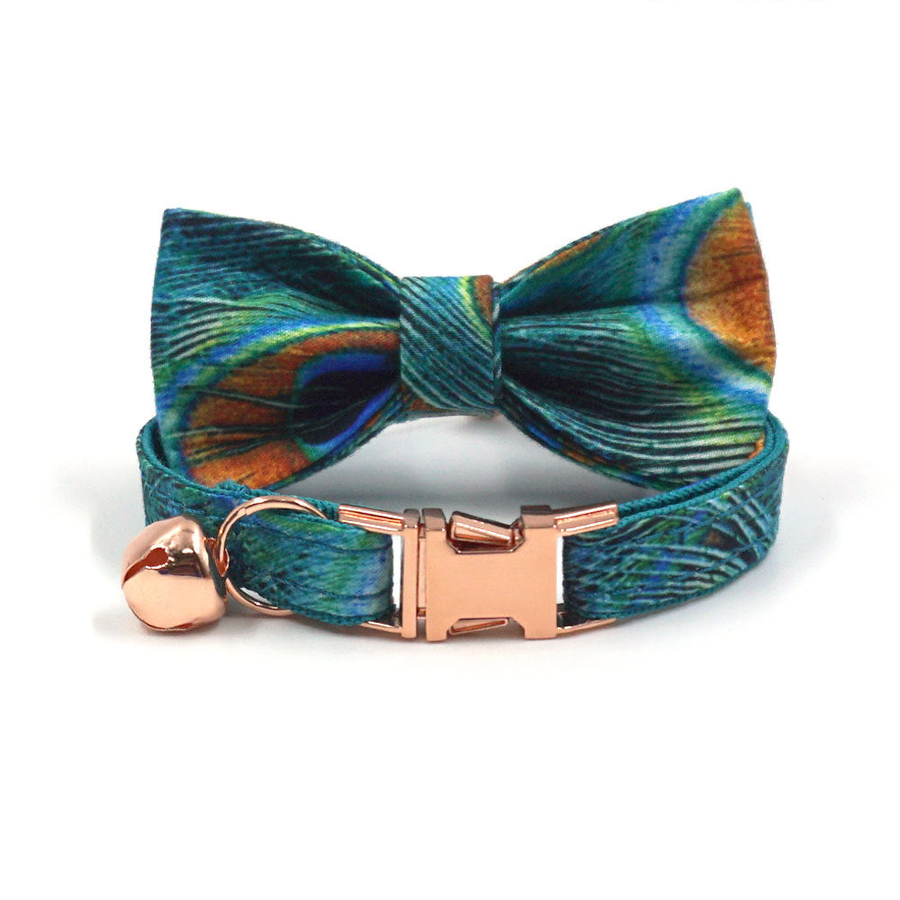 Pettns | Peacock Feather Print Pet Collar with Bow and Bell for Daily Wear