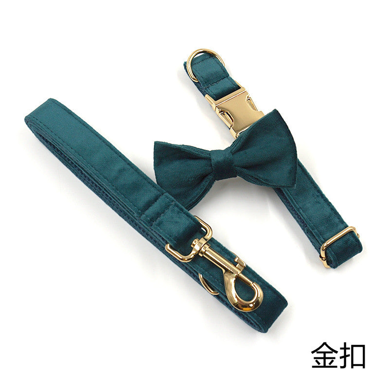 Gold Buckle Gemstone Green Velvet Pet Collar Leash Bow Set Cross-Border Lettering Dog Collar Dog Leash Tie