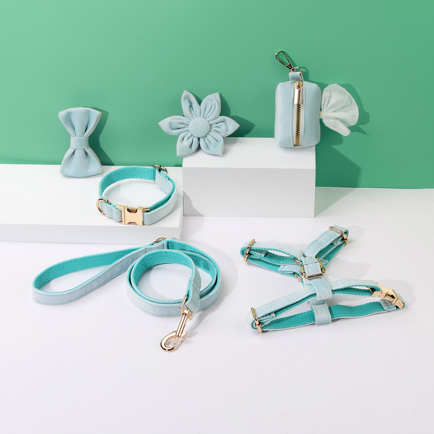 Miha Boss Classic Velvet Soft Pet Collar Leash Bow Strap Dog Poop Bag Flower Set