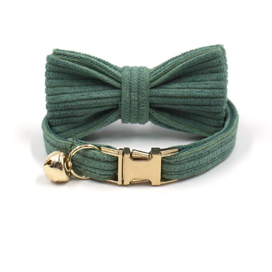 Pettns | Duck Green Corduroy Cat Collar with Bow Detail and Bell for Everyday Wear