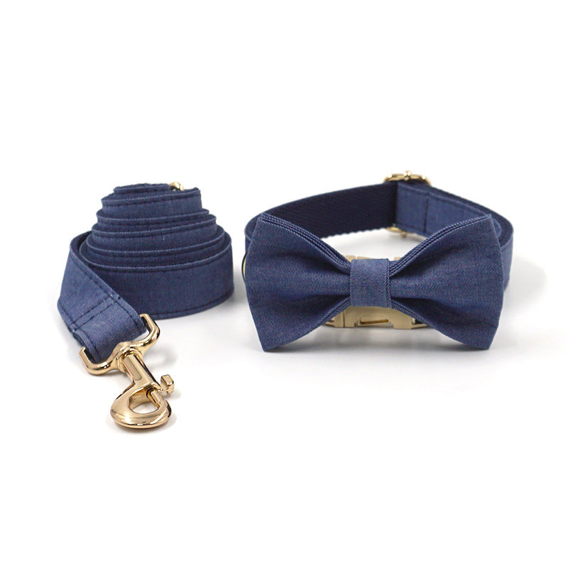 Pet Supplies Cross-Border Amazon Wholesale Engraving Deep Denim Gold Buckle Pet Collar Leash Bow Tie Set