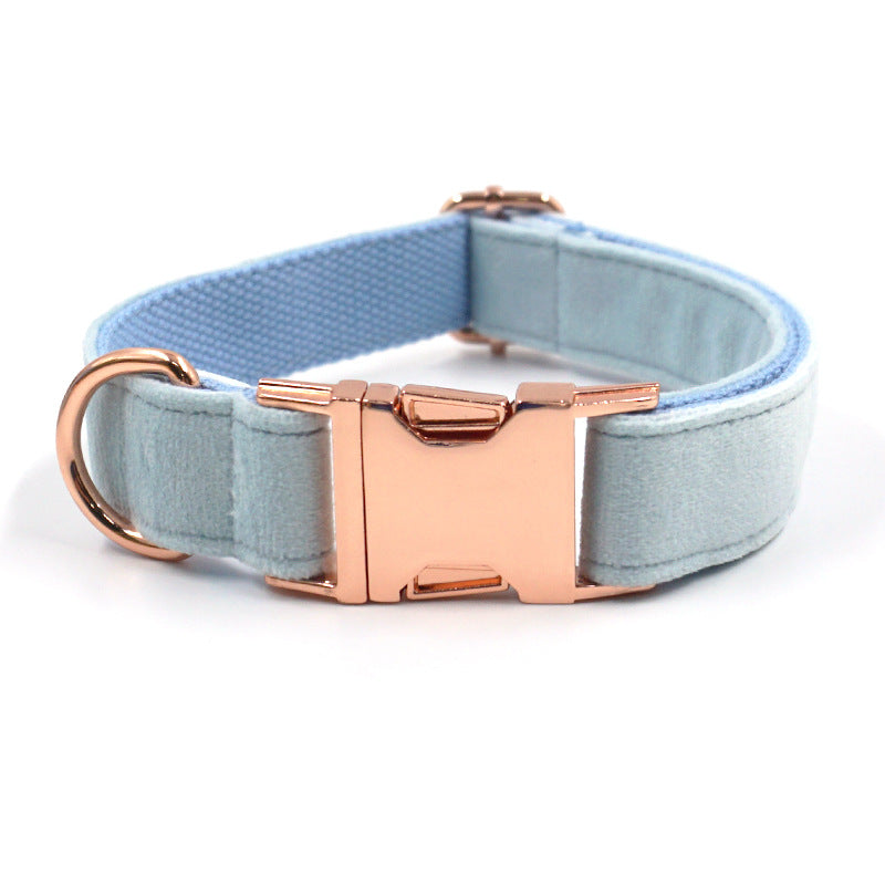 Sky Blue Velvet Pet Collar Leash Dog Collar Bow Set Cross-Border Dog Walking Leash Engraved Collar