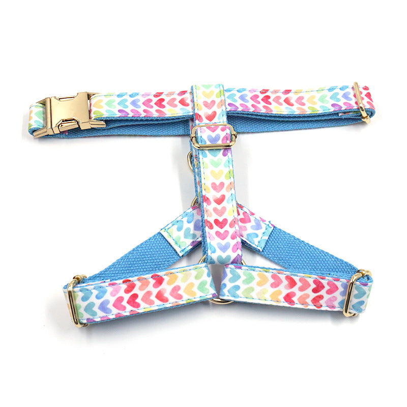 Pettns | Blue Dog Harness with Colorful Heart Pattern and Gold-Tone Buckle for Daily Walks