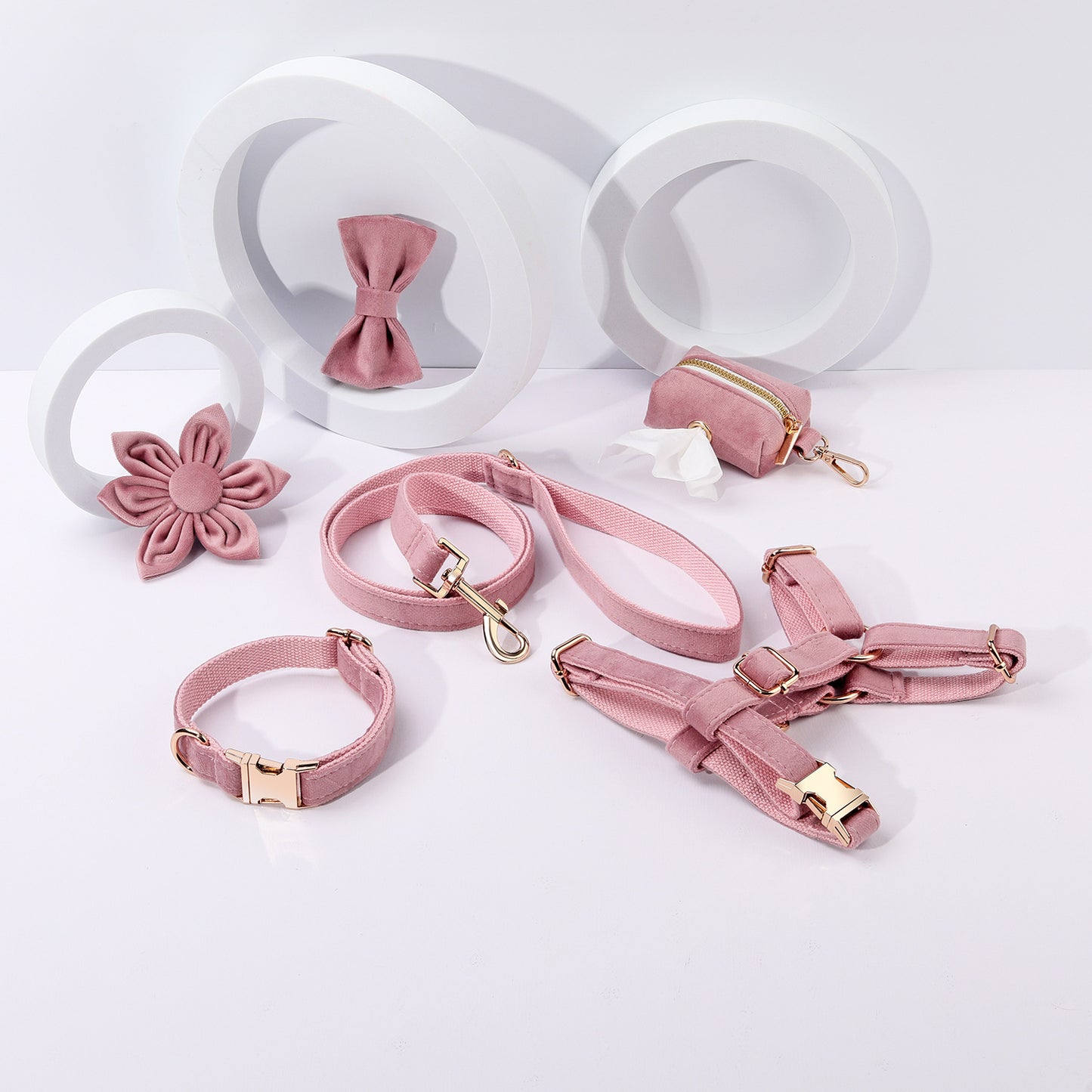 Miha Boss Classic Velvet Soft Pet Collar Leash Bow Strap Dog Poop Bag Flower Set