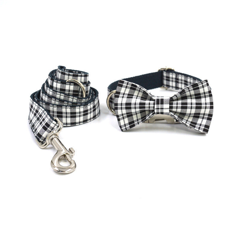 Pettns | Black and White Plaid Dog Collar and Leash Set with Classic Bow Accent