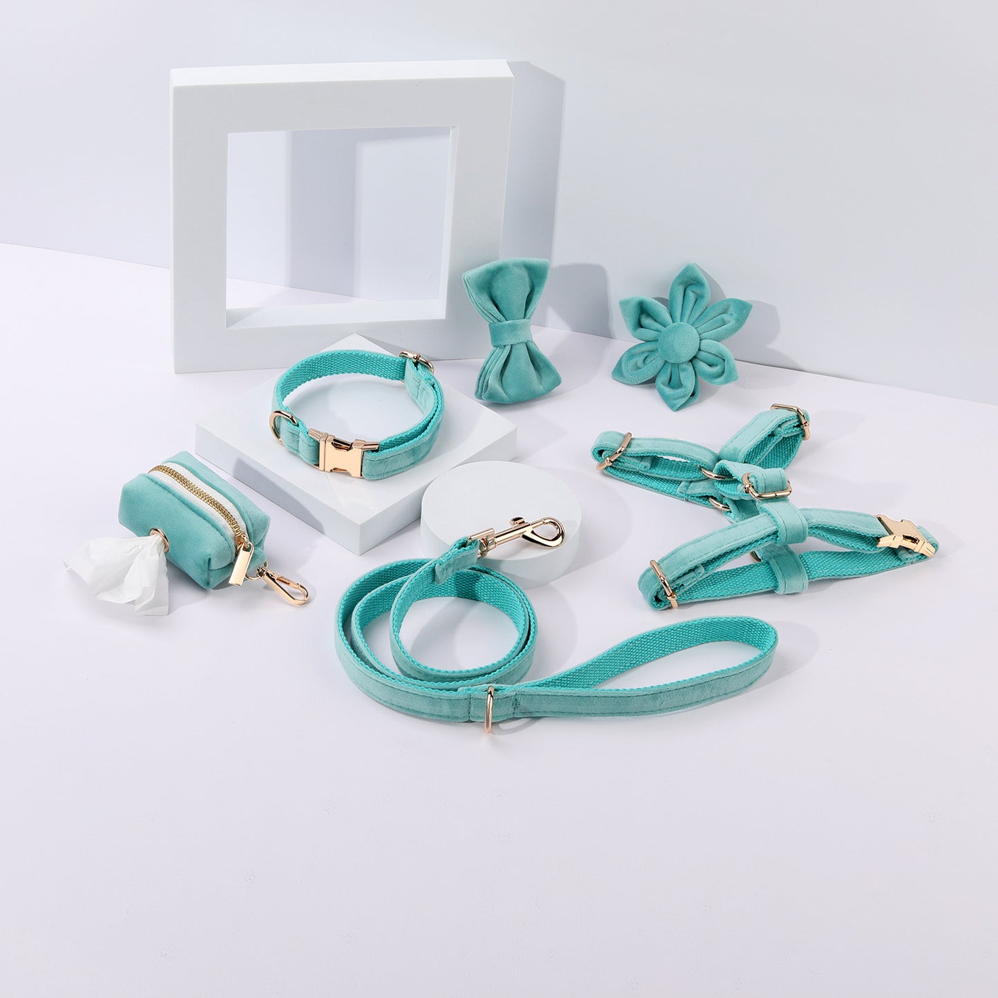 Miha Boss Classic Velvet Soft Pet Collar Leash Bow Strap Dog Poop Bag Flower Set