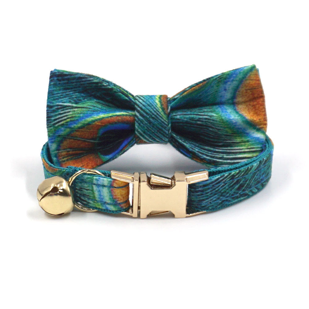 Pettns | Peacock Feather Print Pet Collar with Bow and Bell for Daily Wear