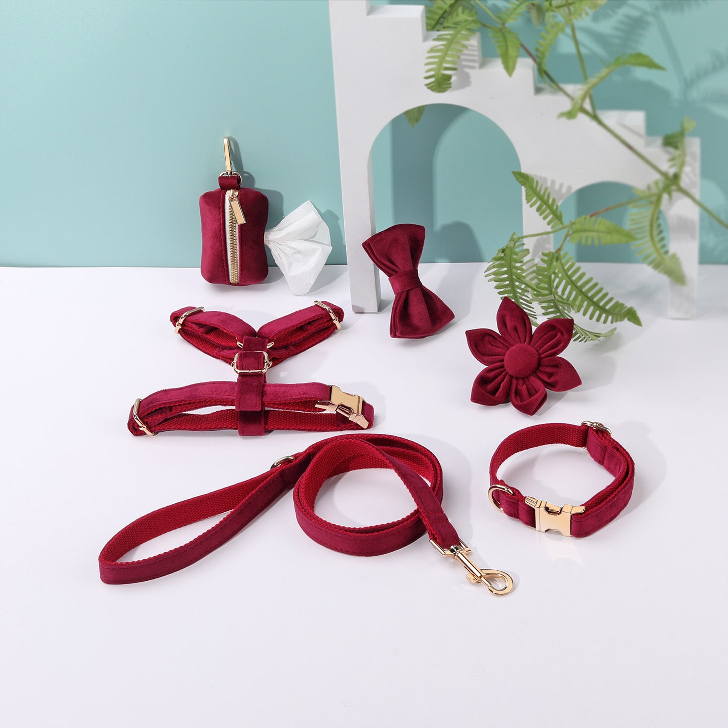 Miha Boss Classic Velvet Soft Pet Collar Leash Bow Strap Dog Poop Bag Flower Set