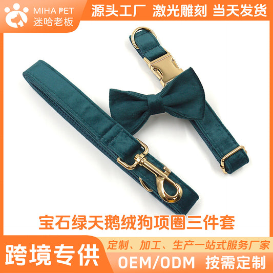 Gold Buckle Gemstone Green Velvet Pet Collar Leash Bow Set Cross-Border Lettering Dog Collar Dog Leash Tie