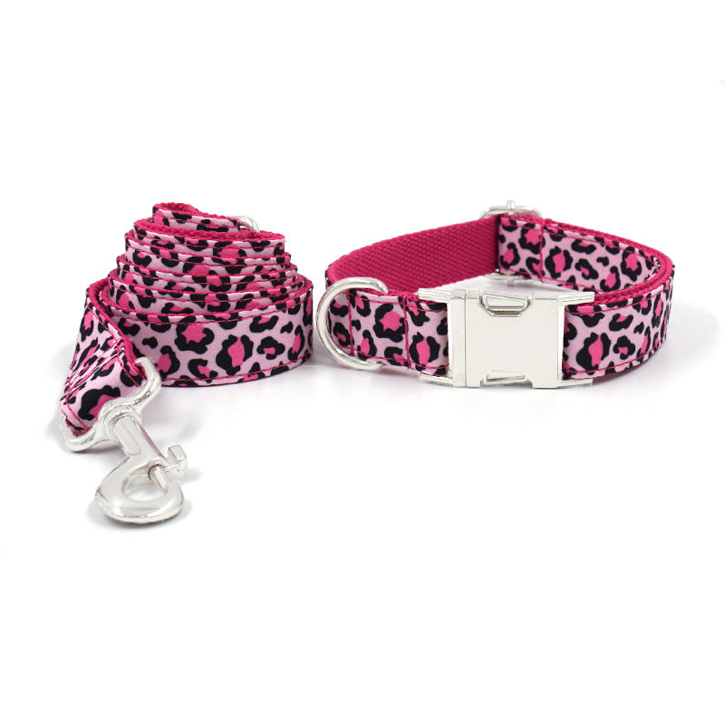 Pettns | Pink Leopard Pattern Dog Collar and Leash Set with Bow Detail for Everyday Walks