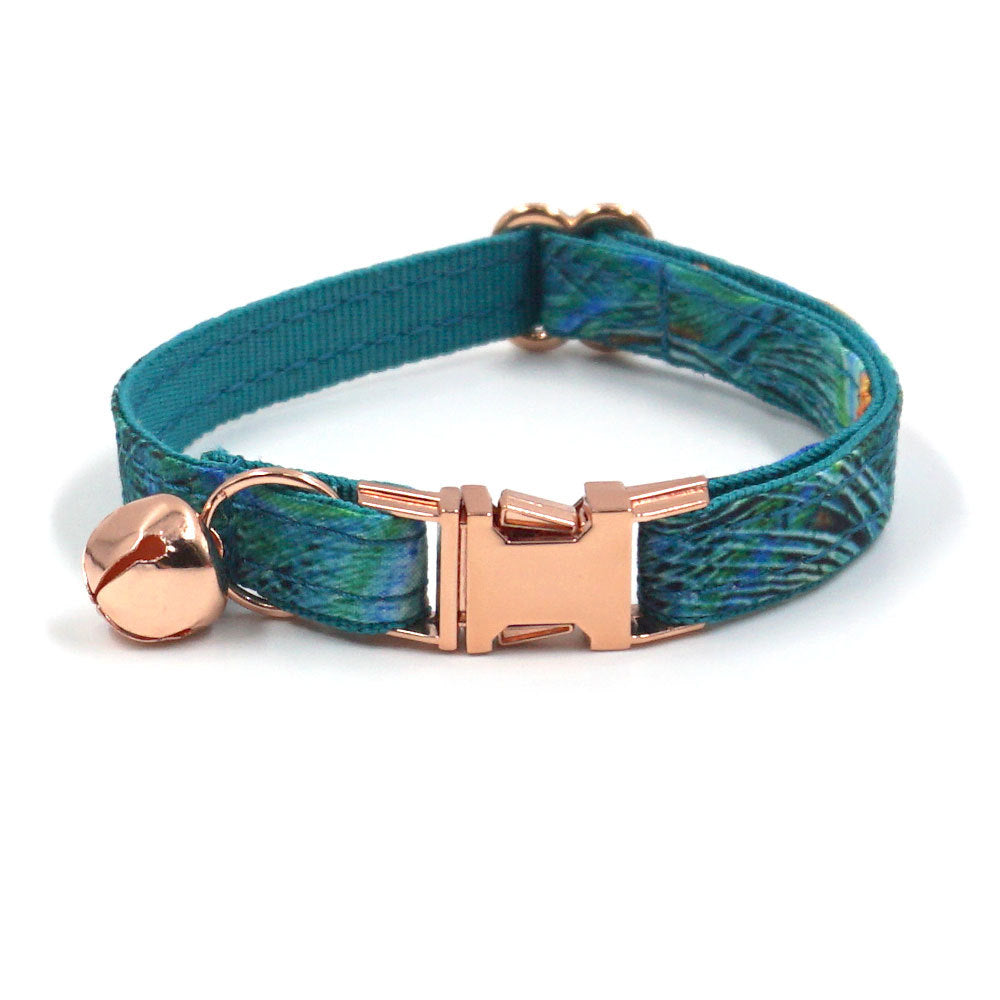 Pettns | Peacock Feather Print Pet Collar with Bow and Bell for Daily Wear