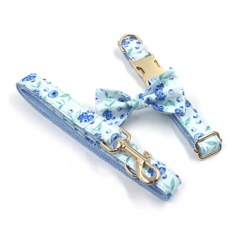 Miha Boss Cute Blueberry Print Fashion Design Gold Buckle Pet Collar Dog Leash Pet Bow Tie