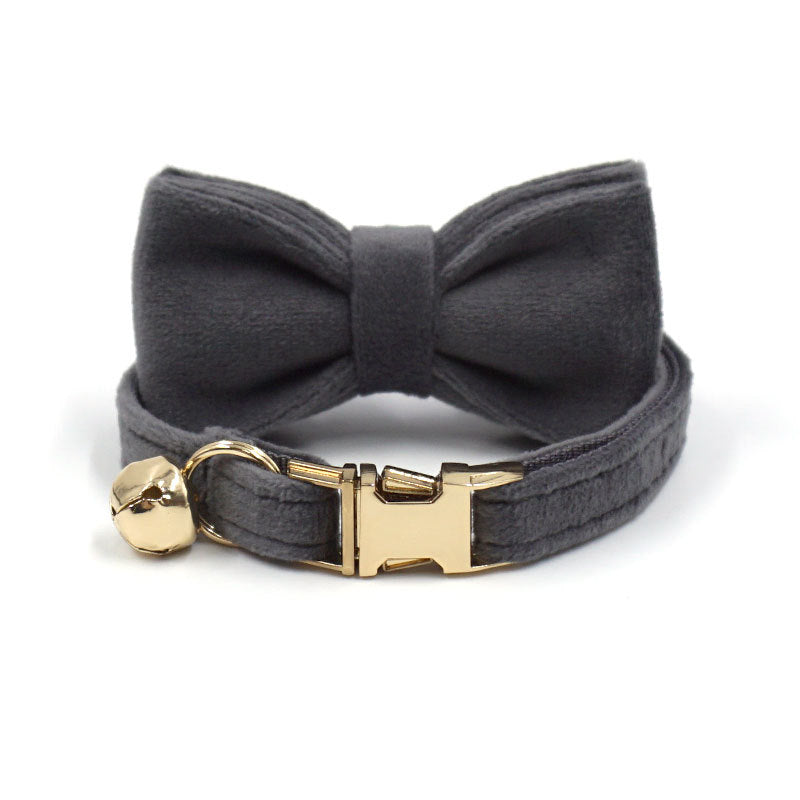 Pettns | Gray Velvet Cat and Small Dog Collar with Bow Detail, Bell and Optional Engraving