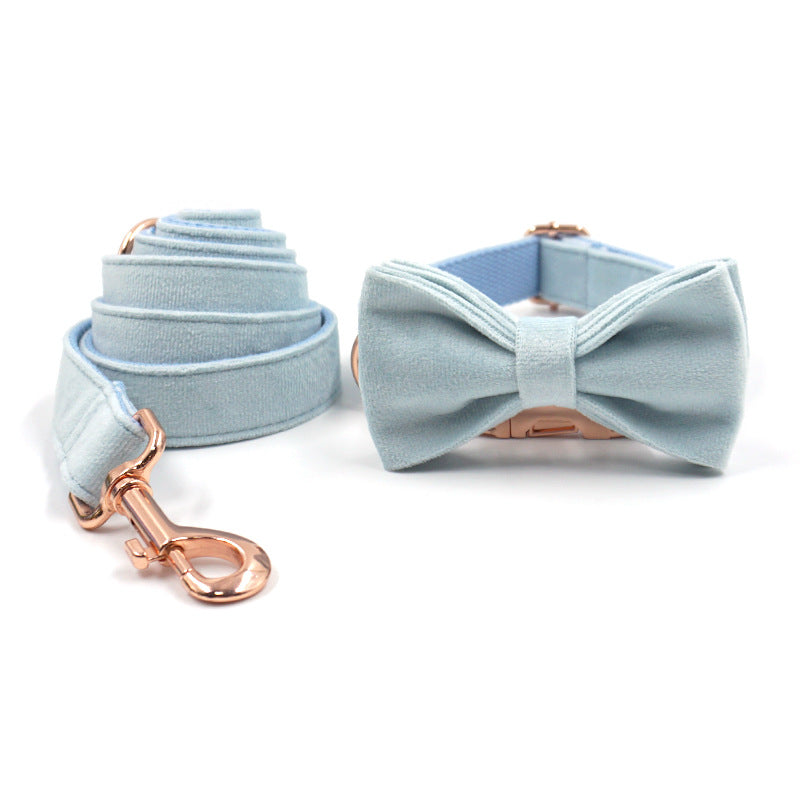 Sky Blue Velvet Pet Collar Leash Dog Collar Bow Set Cross-Border Dog Walking Leash Engraved Collar
