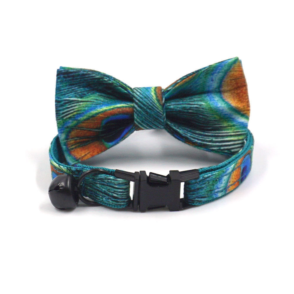 Pettns | Peacock Feather Print Pet Collar with Bow and Bell for Daily Wear