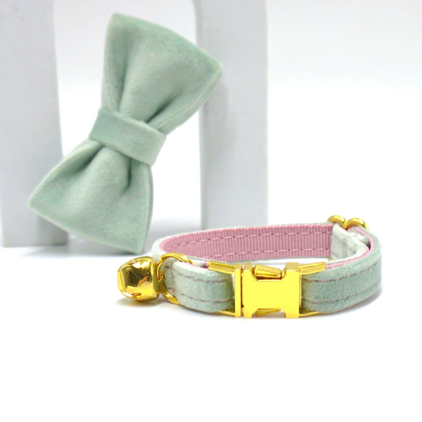 Pettns | Mint Pink Velvet Cat Collar with Bell and Optional Laser Engraving