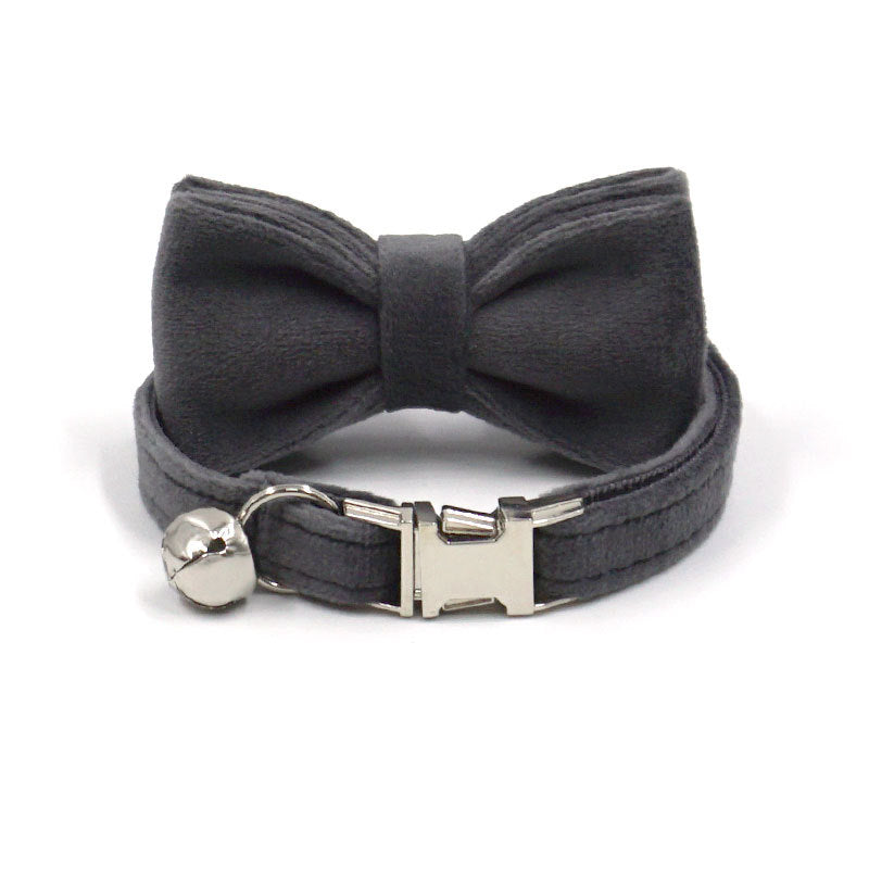 Pettns | Gray Velvet Cat and Small Dog Collar with Bow Detail, Bell and Optional Engraving