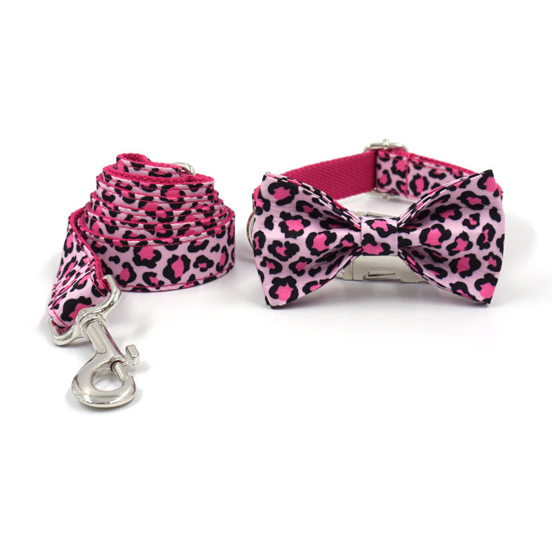Pettns | Pink Leopard Pattern Dog Collar and Leash Set with Bow Detail for Everyday Walks