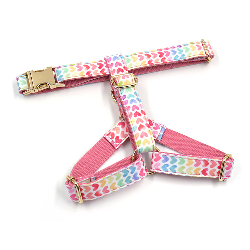 Pettns | Pink Dog Harness with Colorful Heart Pattern and Gold-Tone Buckle for Daily Walks