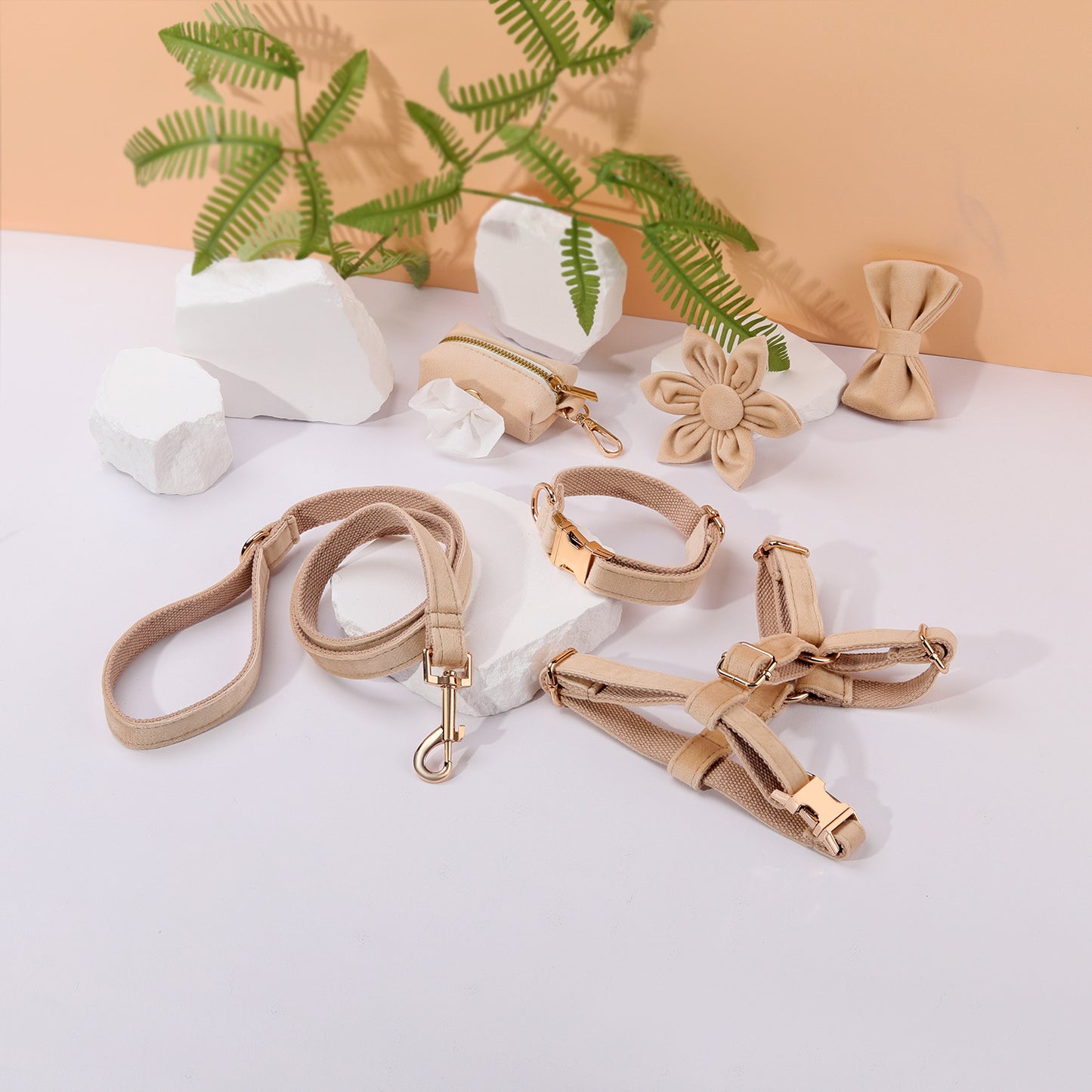 Miha Boss Classic Velvet Soft Pet Collar Leash Bow Strap Dog Poop Bag Flower Set