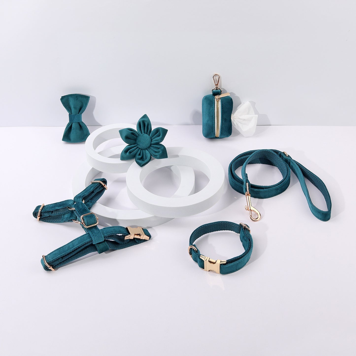 Miha Boss Classic Velvet Soft Pet Collar Leash Bow Strap Dog Poop Bag Flower Set