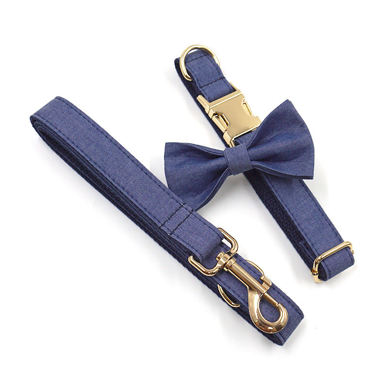 Pet Supplies Cross-Border Amazon Wholesale Engraving Deep Denim Gold Buckle Pet Collar Leash Bow Tie Set