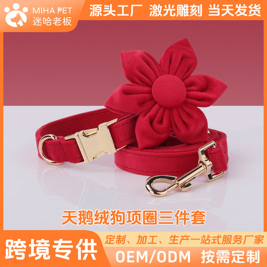 Boss Miha’S New Velvet Pet Collar Cute Flower Bow Leash Set Can Be Laser Engraved