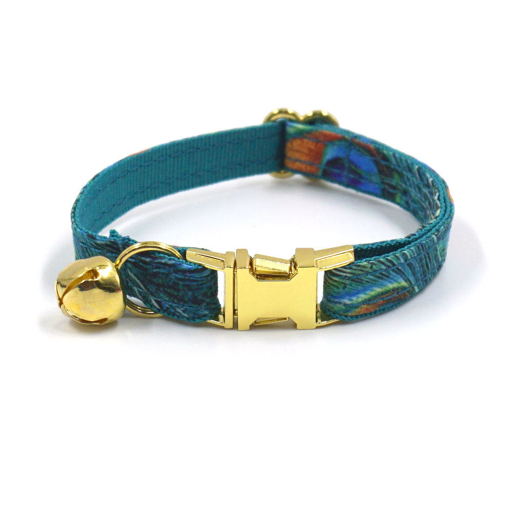 Pettns | Peacock Feather Print Pet Collar with Bow and Bell for Daily Wear