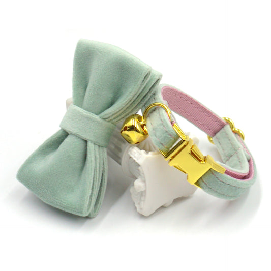 Pettns | Mint Pink Velvet Cat Collar with Bell and Optional Laser Engraving