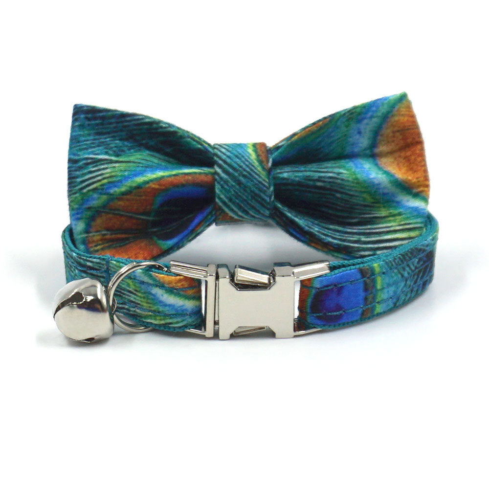 Pettns | Peacock Feather Print Pet Collar with Bow and Bell for Daily Wear