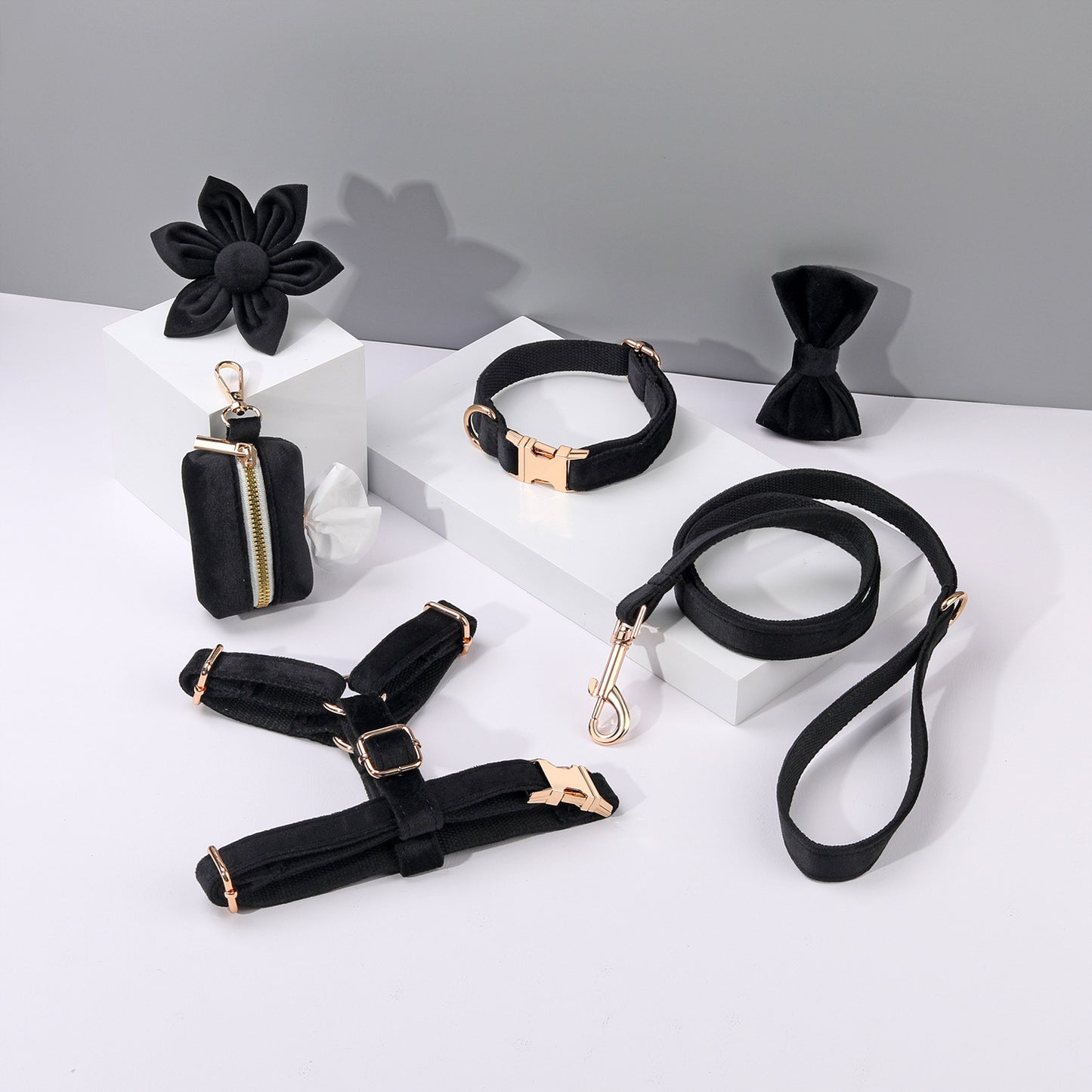 Miha Boss Classic Velvet Soft Pet Collar Leash Bow Strap Dog Poop Bag Flower Set