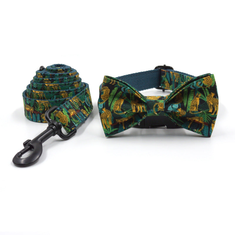Ins Popular Jungle Leopard Pet Collar Leash Bow Cross-Border Wholesale Leopard Dog Collar Leash