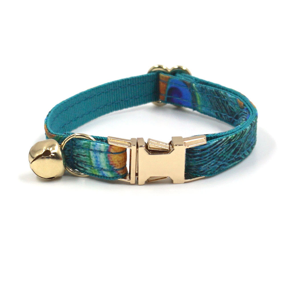 Pettns | Peacock Feather Print Pet Collar with Bow and Bell for Daily Wear