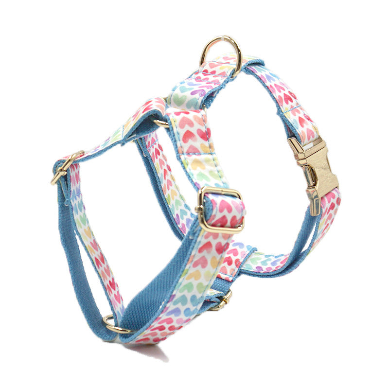 Pettns | Blue Dog Harness with Colorful Heart Pattern and Gold-Tone Buckle for Daily Walks