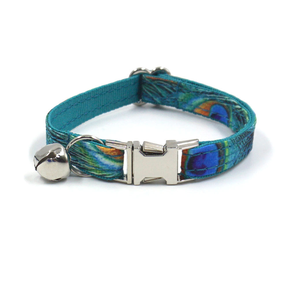 Pettns | Peacock Feather Print Pet Collar with Bow and Bell for Daily Wear