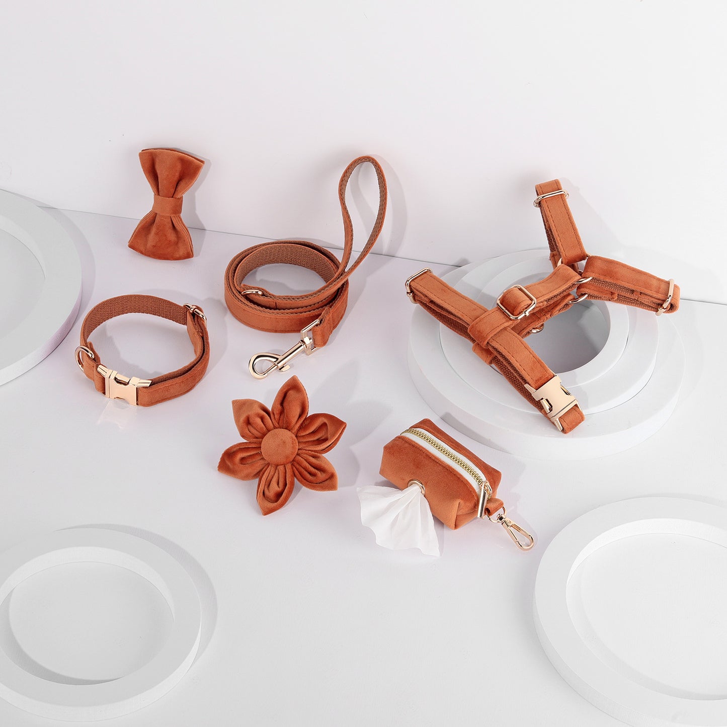 Miha Boss Classic Velvet Soft Pet Collar Leash Bow Strap Dog Poop Bag Flower Set