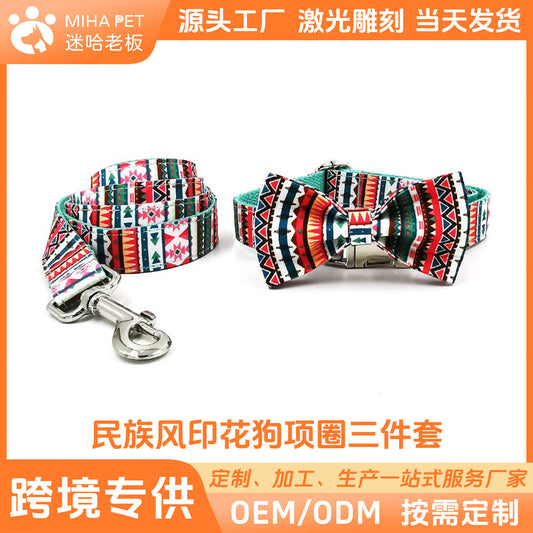Factory Direct Sales Cross-Border Pet Dog Collar Ethnic Style Printed Cotton Pet Leash Dog Bow Set