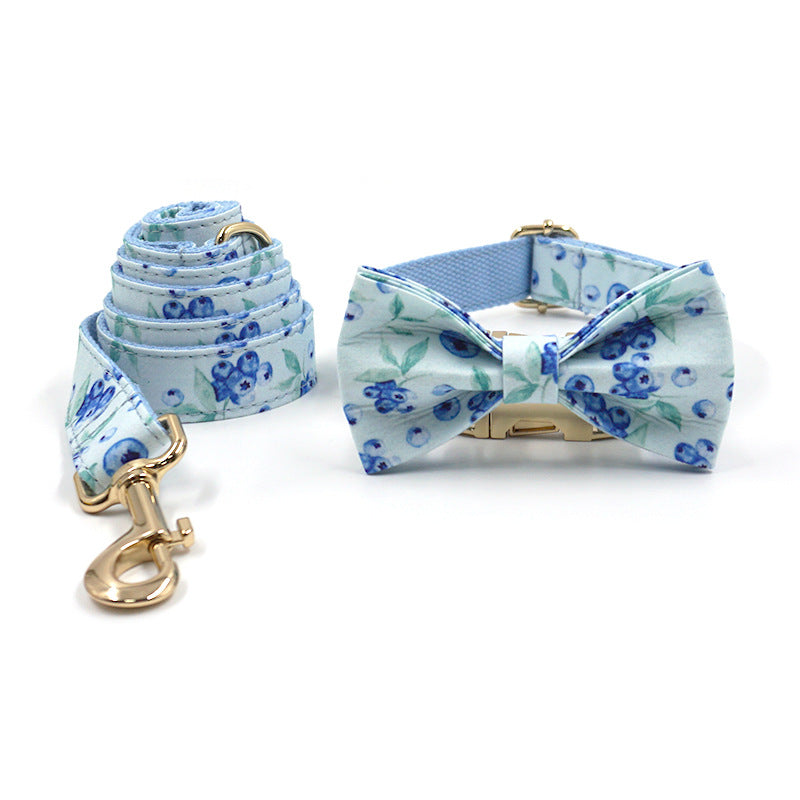 Miha Boss Cute Blueberry Print Fashion Design Gold Buckle Pet Collar Dog Leash Pet Bow Tie