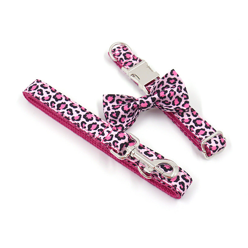 Pettns | Pink Leopard Pattern Dog Collar and Leash Set with Bow Detail for Everyday Walks