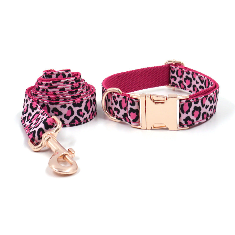 Cross-Border Export Dropshipping Classic Popular Pink Leopard Print Rose Gold Pet Collar Leash Bow
