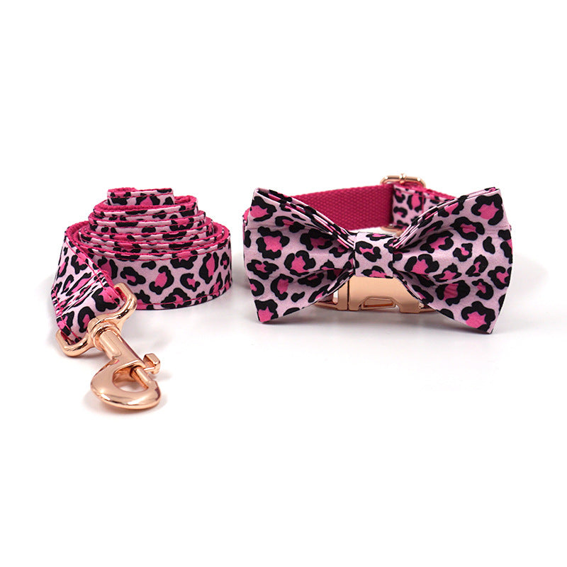 Cross-Border Export Dropshipping Classic Popular Pink Leopard Print Rose Gold Pet Collar Leash Bow
