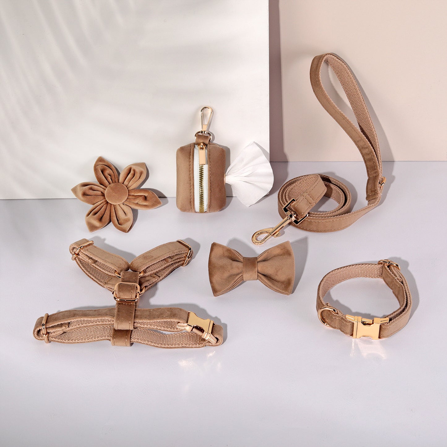 Miha Boss Classic Velvet Soft Pet Collar Leash Bow Strap Dog Poop Bag Flower Set