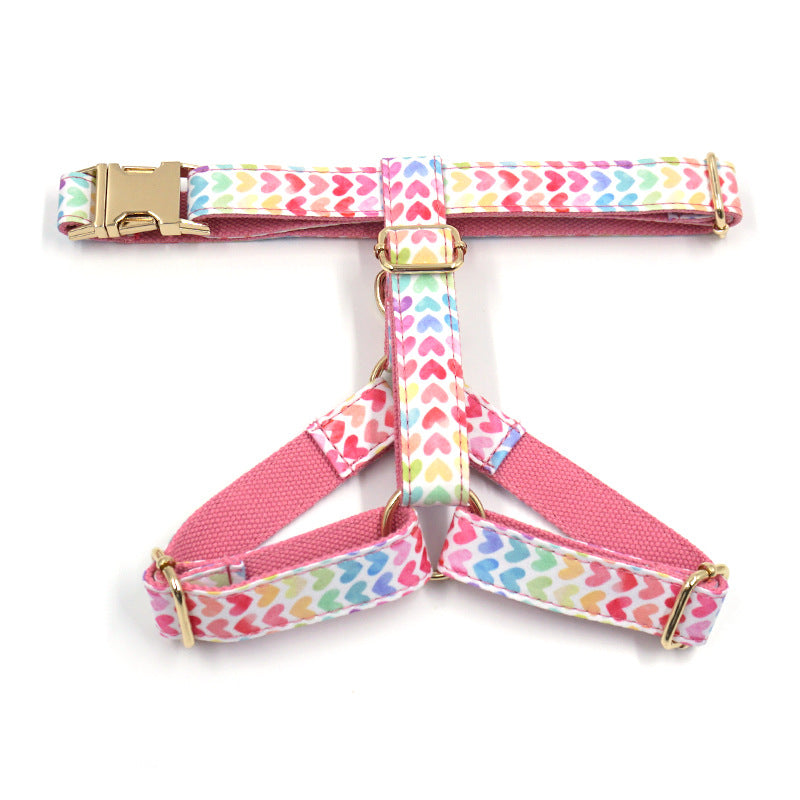 Pettns | Pink Dog Harness with Colorful Heart Pattern and Gold-Tone Buckle for Daily Walks