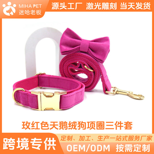 Manufacturer Drop Shipping Cross-Border Rose Red Velvet Pet Collar Leash Bow Set Laser Engraving Logo