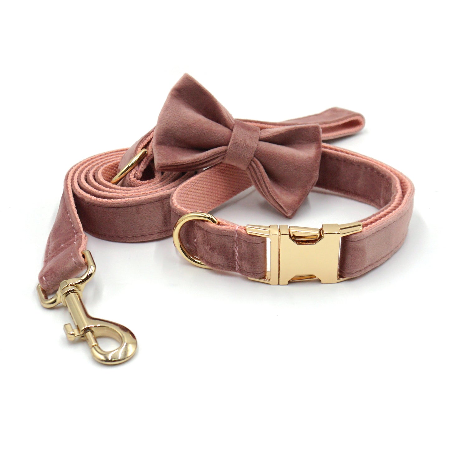 Cross-Border Dropshipping Elegant Dark Pink Velvet Gold Buckle Pet Collar Leash Bow Set Laser Engraving
