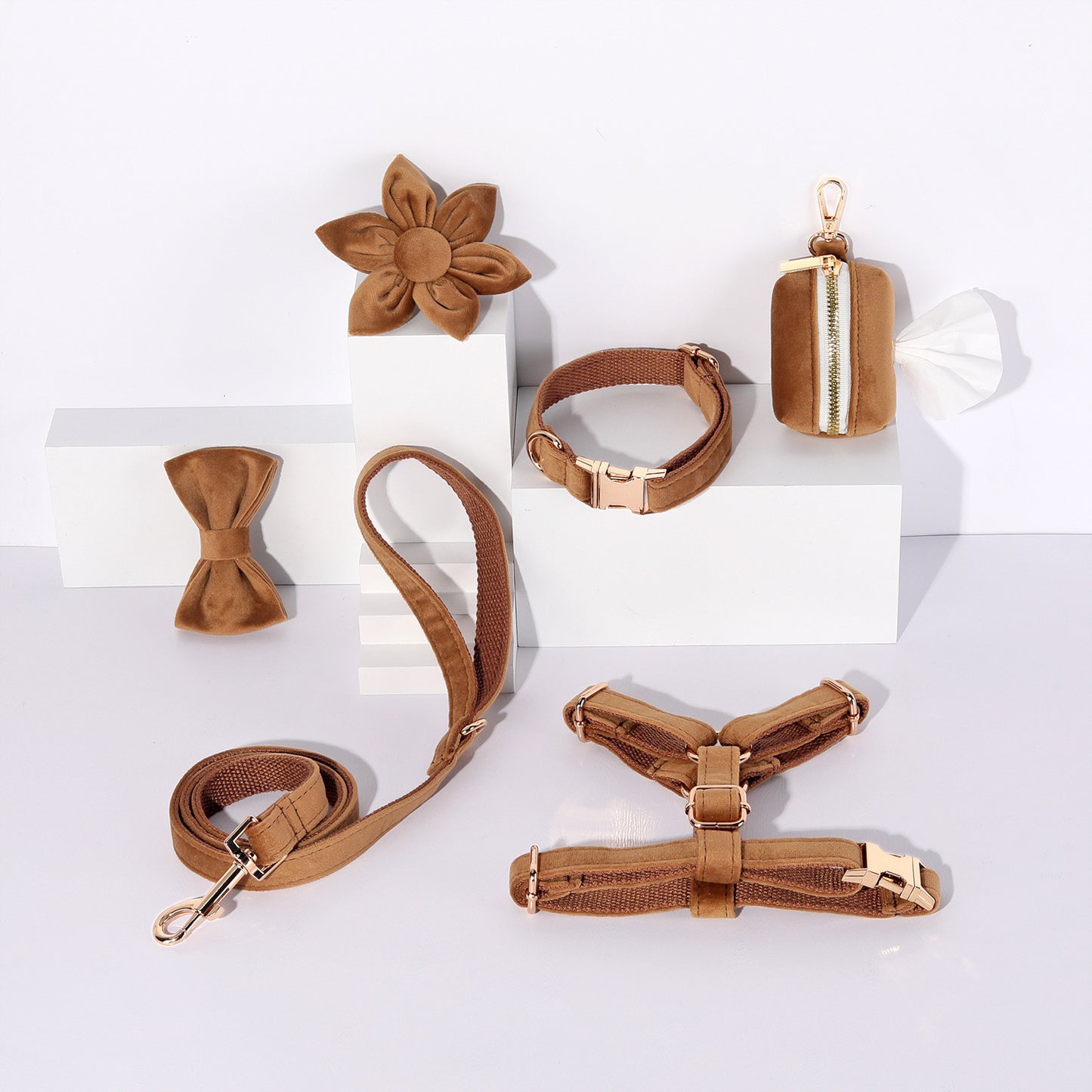 Miha Boss Classic Velvet Soft Pet Collar Leash Bow Strap Dog Poop Bag Flower Set