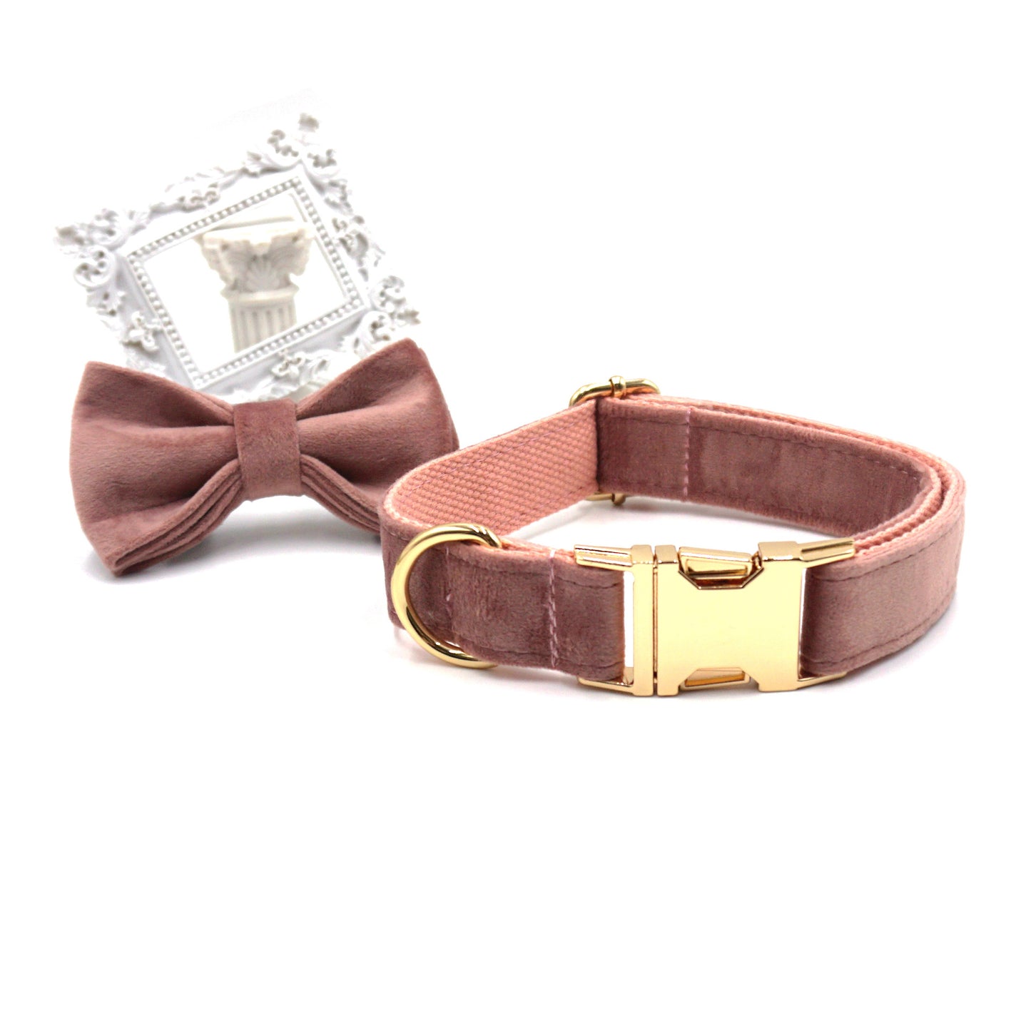 Cross-Border Dropshipping Elegant Dark Pink Velvet Gold Buckle Pet Collar Leash Bow Set Laser Engraving